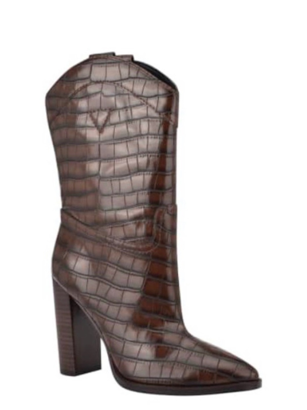 GUESS Brown Croc-Embossed Pointed-Toe Block Heel Boot
